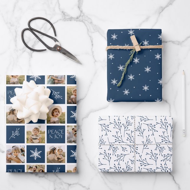 Peace and Joy Navy Holiday Photo Collage Wrapping Paper Sheets (Front)