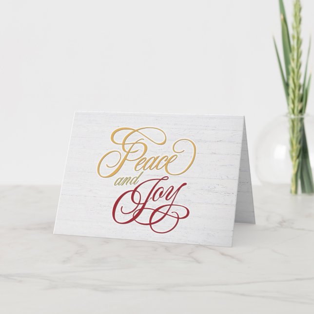 Peace and Joy On Whitewashed Wood Holiday Card (Front)