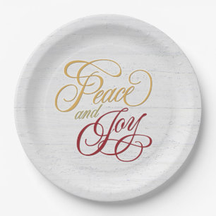 Peace and Joy On Whitewashed Wood Paper Plates