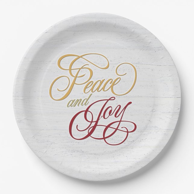 Peace and Joy On Whitewashed Wood Paper Plates (Front)