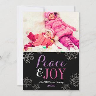 Peace and Joy | Pink and Purple Snowflake Photo Holiday Card