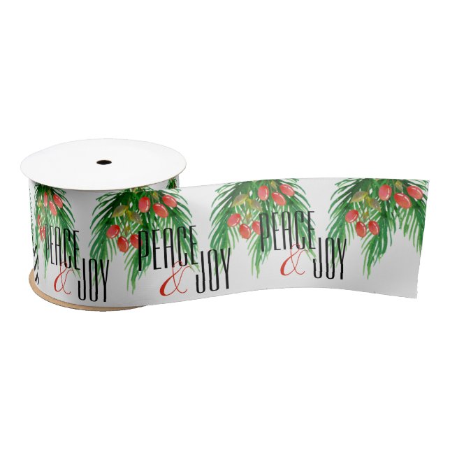 Peace And Joy Red Berries Leaves Christmas Pattern Satin Ribbon (Spool)
