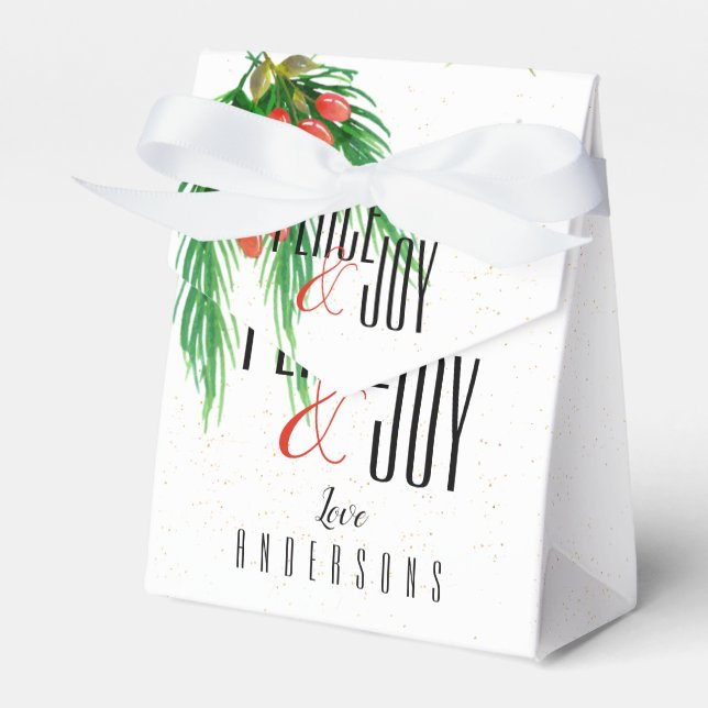 Peace And Joy Red Green Leaves Christmas Gift Favor Boxes (Front Side)