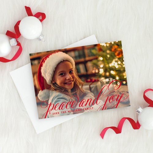 Peace and Joy Red Handwritten Script Photo Holiday Card