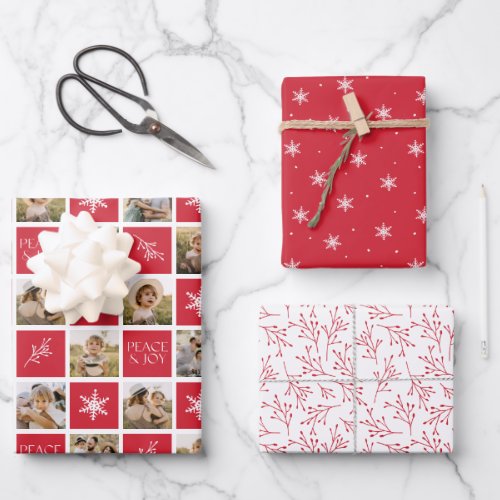 Peace and Joy Red Holiday Photo Collage Wrapping Paper Sheets