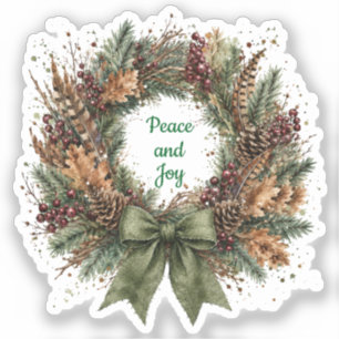 Peace and Joy Rustic Pinecone Wreath Christmas Sticker