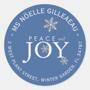 PEACE and JOY Snow-Covered Snowflakes Sky Blue Classic Round Sticker