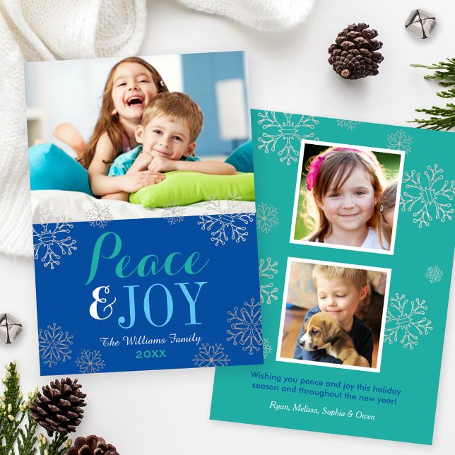 Peace and Joy Snowflake Photo Greeting Teal Holiday Card (Creator Uploaded)