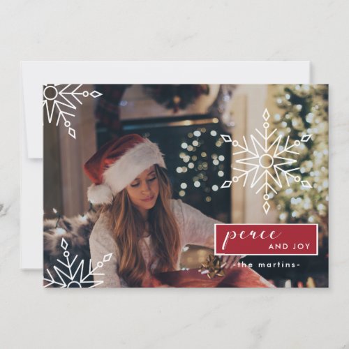 Peace and Joy Three Photo and Snowflakes Christmas Holiday Card