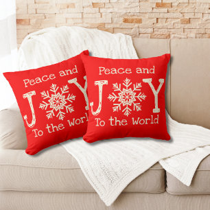 Peace and Joy To The World Snowflake Red White Throw Pillow