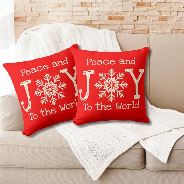 Peace and Joy To The World Snowflake Red White Throw Pillow (Creator Uploaded)