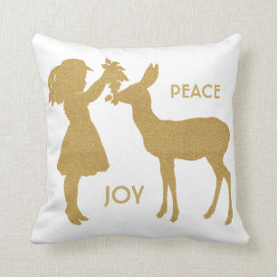 Peace and Joy Vintage Girl and Deer Pillow