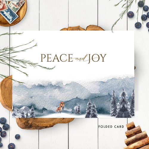 Peace and Joy Watercolor Forest and Fox Elegant Holiday Card