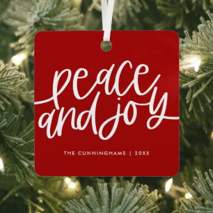 Peace and Joy Winter Red Green Photo Metal Ornamen Ornament