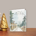 Peace and Joy Woodland Path Country Christmas Holiday Card<br><div class="desc">Watercolor scenic christmas card with peaceful landscape of country path, pine trees and woodland birds including an owl and a robin perched on the fence posts. The wording reads "wishing you peace and joy for Christmas and the New Year" and the template is ready for you to personalize with your...</div>