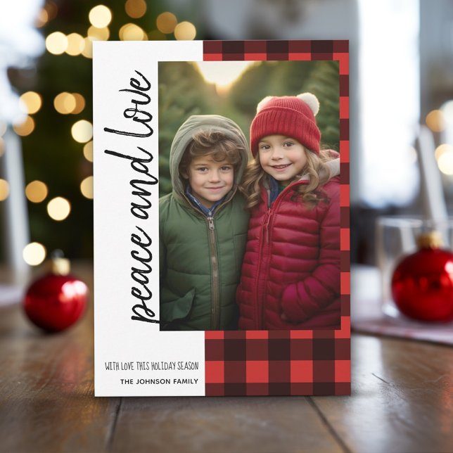 Peace and Love 1 Photo Red Black Buffalo Plaid Holiday Card (buffalo plaid in red and black with 1 photo)