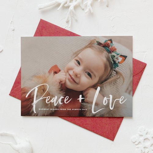 Peace and Love Brush Lettering Photo Holiday Card