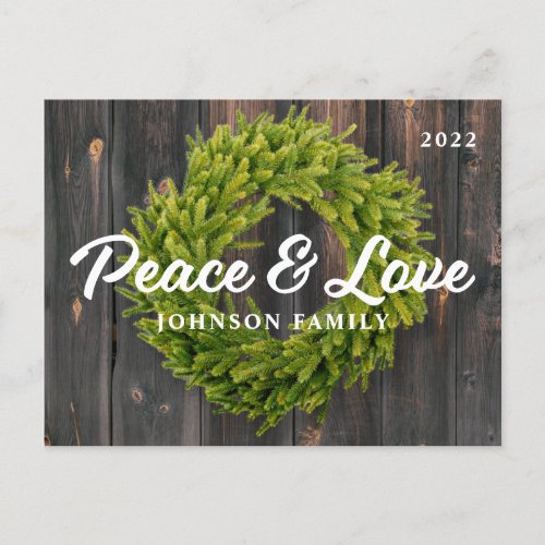 Peace and Love Country Rustic Pine Wreath Wood Holiday Postcard