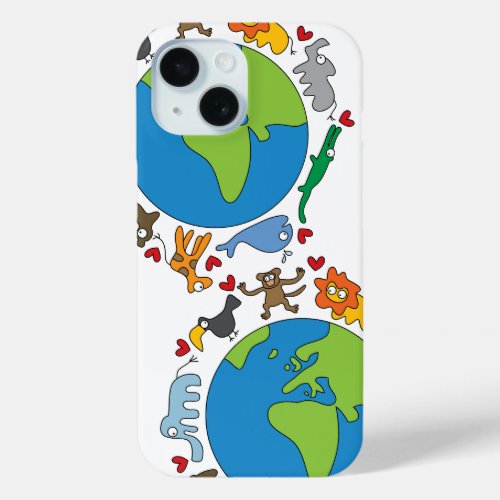 Peace And Love Cute Cartoon Animals of The World iPhone 15 Case