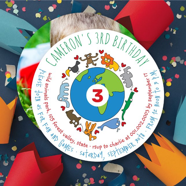 Peace And Love Cute Cartoon Animals of The World Invitation (Peace And Love Cute Cartoon Animals of The World, Photo Kid's Birthday Party Invitation @ fat_fa_tin)