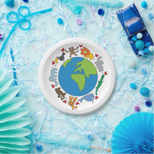 Peace And Love Cute Cartoon Animals of The World Paper Plates
