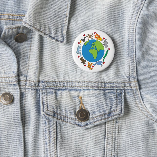 Peace And Love Cute Cartoon Animals of The World Pinback Button (In Situ)
