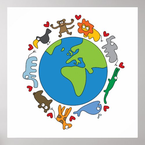 Peace And Love Cute Cartoon Animals of The World Poster