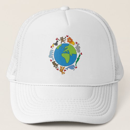 Peace And Love Cute Cartoon Animals of The World Trucker Hat