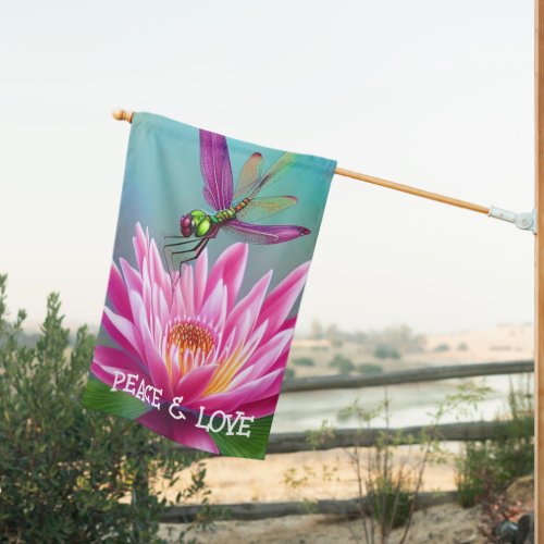 Peace and Love Dragonfly Lotus  House Flag