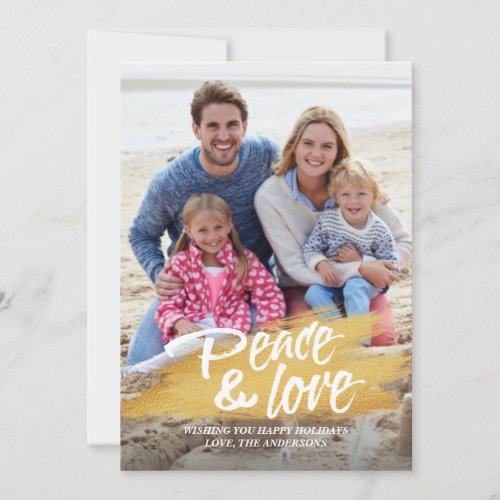 Peace and Love Gold Brush Stroke Christmas Photo Holiday Card