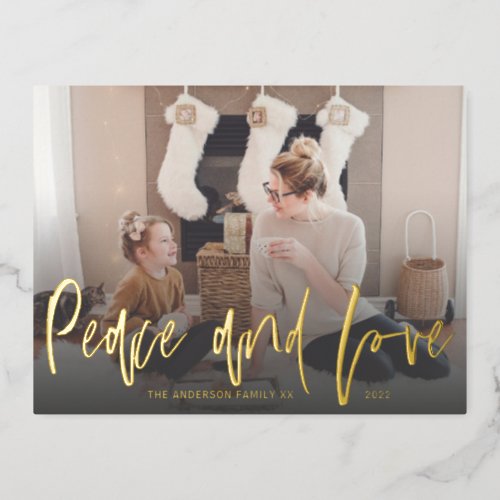 Peace and Love Gold Foil Script 1 Photo Christmas  Foil Holiday Postcard