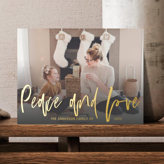 Peace and Love Gold Foil Script 1 Photo Christmas  Holiday Postcard (Creator Uploaded)