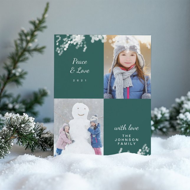 Peace And Love Green Snowy Minimal Family Photo Holiday Card (Peace And Love Green Snowy Minimal Family Photo Holiday Card)