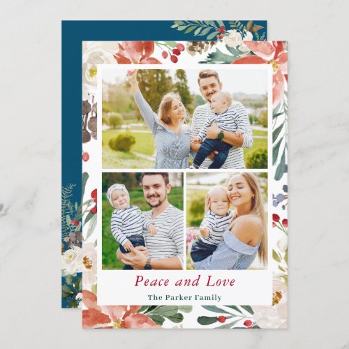 Peace and Love Holly Berries Floral Xmas 3 Photo Holiday Card