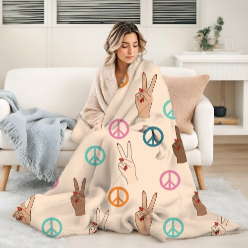 Peace and Love Multicultural Hand Pattern Fleece Blanket