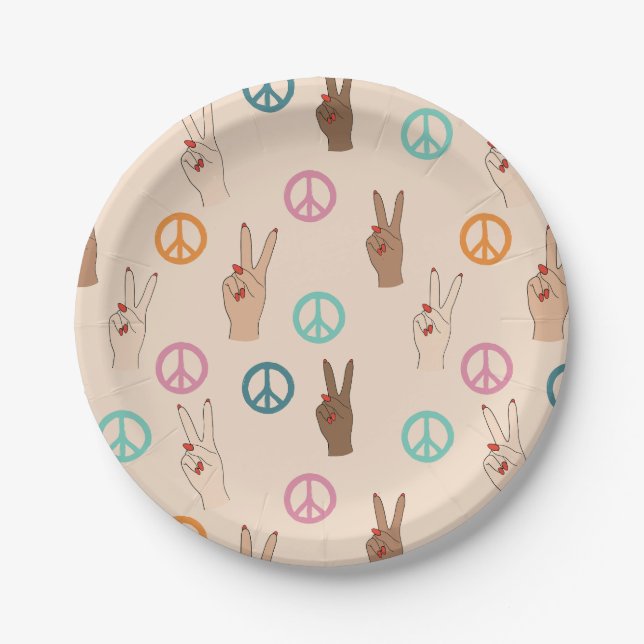 Peace and Love Multicultural Hand Pattern Paper Plates (Front)