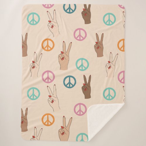 Peace and Love Multicultural Hand Pattern Sherpa Blanket