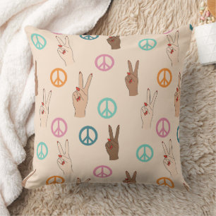Peace and Love Multicultural Hand Pattern Throw Pillow