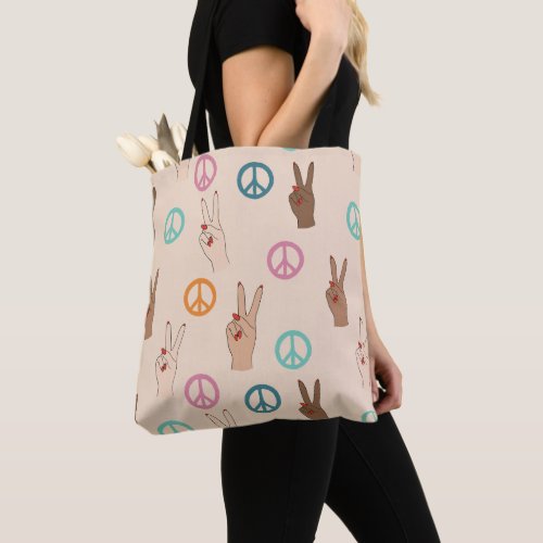 Peace and Love Multicultural Hand Pattern Tote Bag
