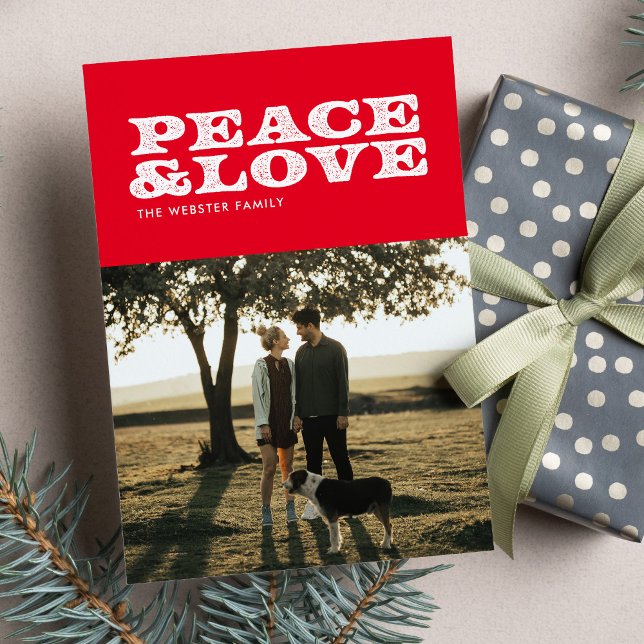 Peace and love red holiday photo card (Creator Uploaded)