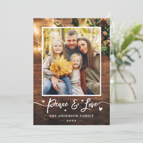 Peace and Love Rustic Country String Lights Photo Holiday Card