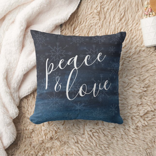Peace and Love Snowflakes Dark Blue Christmas Throw Pillow (Blanket)