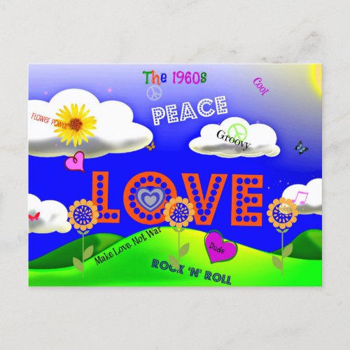 Peace and Love the 1960s Postcard