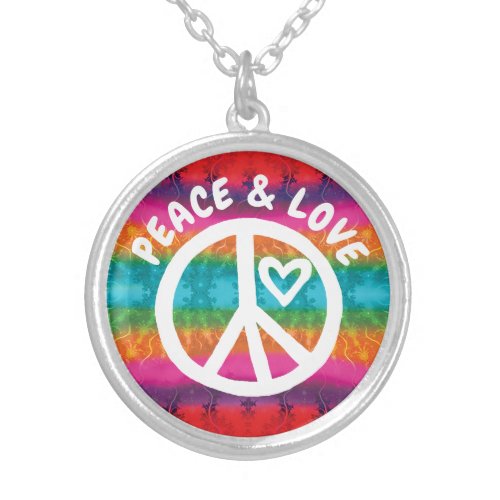 Peace and Love Tie Dye Stripes Silver Plated Necklace