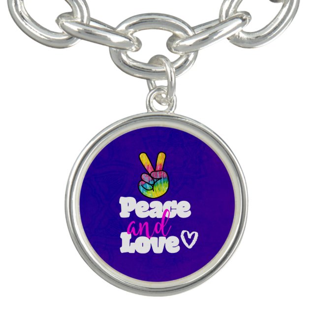 Peace and Love Typography Rainbow Hand Peace Sign Bracelet (Design)