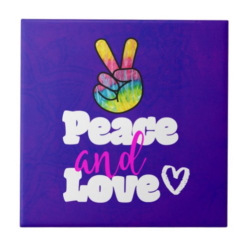 Peace and Love Typography Rainbow Hand Peace Sign Ceramic Tile