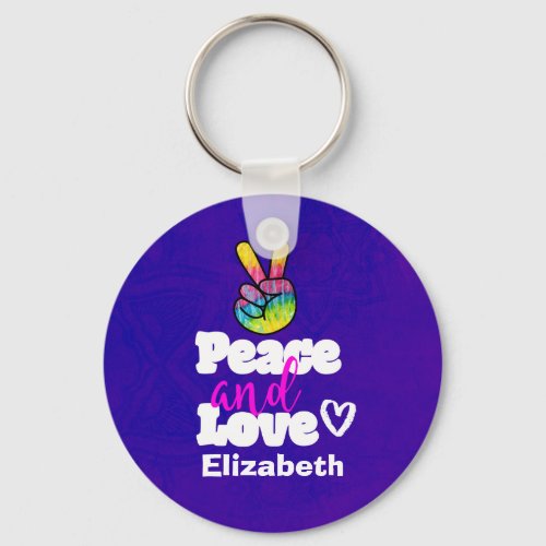 Peace and Love Typography Rainbow Hand Peace Sign Keychain