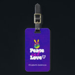 Peace and Love Typography Rainbow Hand Peace Sign Luggage Tag<br><div class="desc">A funky cool personalized luggage tag with peace and love written in a groovy typography font. The illustration is a hand-shaped peace symbol,  fingers raised in the classic v sign all made in rainbow colors. A little doodle heart beside the word love. Psychedelic groovy design. Acid purple background.</div>