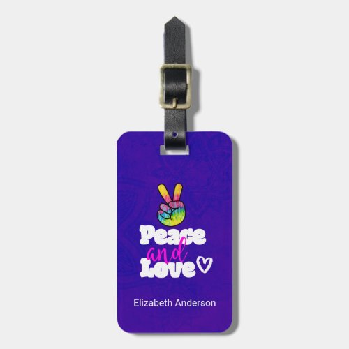 Peace and Love Typography Rainbow Hand Peace Sign Luggage Tag