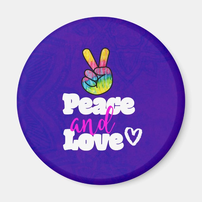 Peace and Love Typography Rainbow Hand Peace Sign Magnet (Front)
